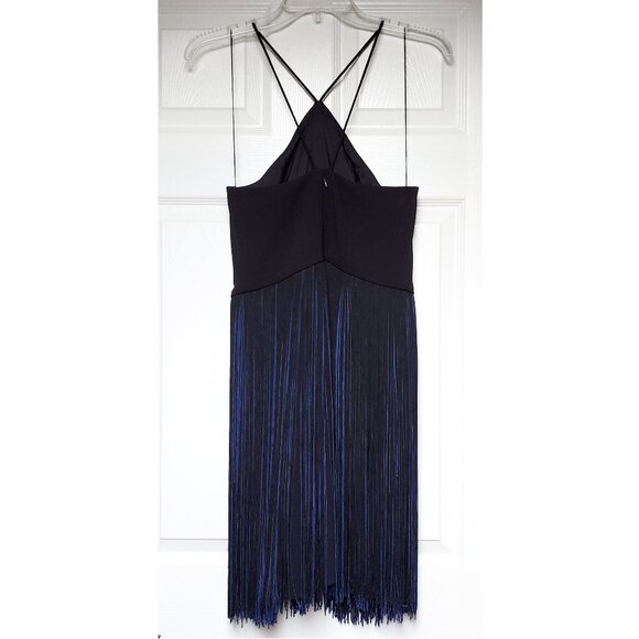 Aidan Mattox Black Blue Fringe Crepe Halter Cocktail Dress Size 4 - Picture 4 of 8
